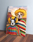 Custom multi-pet portrait canvas featuring two dogs in sombreros and colorful ponchos in a desert landscape.