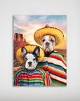 Personalized '2 Amigos' poster featuring two pets in sombreros and colorful ponchos against a desert sunset.