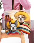 Personalized 2 pet tote bag with custom dog portraits in sombreros and ponchos.