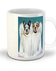 Personalized white ceramic mug with two pet dogs as angels in white robes.