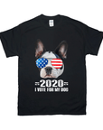 Black Gildan t-shirt with a Boston Terrier wearing USA flag sunglasses and "2020 I VOTE FOR MY DOG" text.