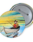 Custom personalized pet pin featuring a golden retriever dog in a boat fishing, with a colorful painted background.