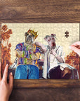 Personalized 2-pet puzzle with dogs in California-themed hip-hop attire, one piece being placed.