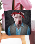 Personalized black tote bag with a custom pitbull dog portrait in a 2pac-style outfit.