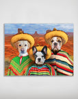 Personalized '3 Amigos' pet poster featuring three dogs in sombreros and colorful ponchos against a desert backdrop.