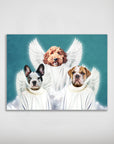 Personalized '3 Angels' poster featuring three dogs with white angel wings and robes on a blue background.