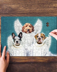 Personalized 3-pet puzzle featuring dogs in Renaissance angel costumes, partially assembled on wood.