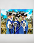 Personalized '3 Musketeers' pet poster featuring three dogs in blue capes and feathered hats, holding swords.