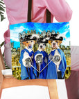 Personalized 3 pet '3 Musketeers' royal portrait tote bag with dogs in blue costumes.