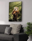 Custom canvas art featuring a dog dressed as an Ewok, holding a spear, in a forest setting.