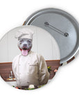 Custom chef pet portrait pin featuring a gray dog in a white chef's uniform with metal backing.
