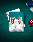 Personalized playing cards featuring four dogs as angels on a blue background, with poker chips and dice.
