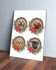 Personalized Christmas wreath canvas featuring four different pet portraits with festive red poinsettias.