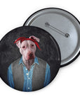 Custom personalized dog portrait pin, a white pit bull in a red bandana and denim shirt.