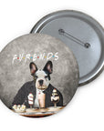Custom pet portrait pin featuring a French Bulldog in a jacket at a table with desserts, "FURENDS" text.