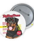 Custom Rolling Bone pin featuring a Rottweiler pet portrait on a white background.
