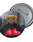 Custom pin with a boxer dog's head on a human body wearing a black hoodie and red boxing gloves.