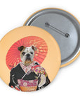 Personalized custom pin featuring a bulldog in a black kimono with a red Japanese umbrella background.