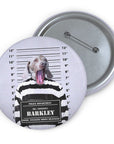 Custom personalized dog portrait pin, featuring a Weimaraner in a mugshot style, wearing a striped prisoner uniform.