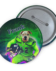 Custom personalized dog pet portrait pin, bulldog in a green football uniform, "Frank" text.