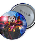 Custom Harry Doggers pet portrait pin featuring a dog in wizard robes, glasses, and a striped scarf.