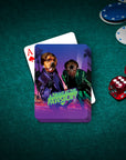 Personalized playing cards featuring two pets in "A Night At The Pawsbury" custom portrait style on a green felt table.