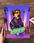 Personalized pet puzzle featuring a dog in a purple suit against a city skyline.