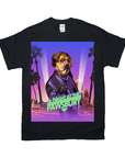 Black Gildan unisex t-shirt featuring a personalized dog portrait in a purple suit with "A Night At The Pawsbury" text.