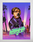 Custom pet portrait art print featuring a dog in a purple suit with a retro city background.