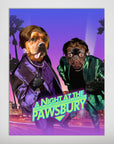 Personalized 'A Night at the Pawsbury' poster featuring two pets dressed in suits against a city backdrop.