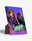 Personalized 'A Night at the Pawsbury' standing canvas featuring two pets in retro suits against a vibrant city background.