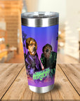 Personalized stainless steel tumbler with two dogs in 80s-style suits and "A Night at the Pawsbury" text.