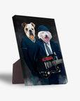 Personalized AC/Doggos standing canvas featuring two pets as rock stars, one in a blue shirt, the other in a suit playing guitar.