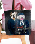 Personalized AC/Doggos 2-pet tote bag featuring custom dog portraits in rock band attire.