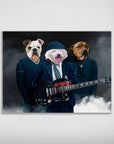 Personalized AC/Doggos poster featuring three pets as rock band members with a guitar, matte finish.