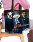 Personalized black tote bag with three custom pet portraits in AC/DC rock band style.
