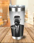 Personalized stainless steel tumbler with a custom black and white pug dog portrait in a fedora and suit.