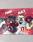 Personalized canvas featuring a Rottweiler and Bulldog in football uniforms with names Finn and Max.
