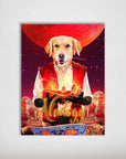 Personalized 'Aladogg' poster featuring a Golden Retriever in a red vest, holding a magic lamp, with an Arabian city and red moon backdrop.
