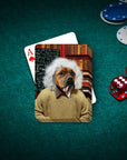 Personalized pet playing card featuring a dog in an "Albert Pawstein" scientist portrait on a green felt table.