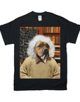Black Gildan t-shirt with a personalized "Albert Pawstein" dog portrait wearing a sweater in a library.