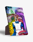 Personalized pet portrait canvas featuring a corgi dressed as Alice in a whimsical wonderland with purple mushrooms.