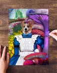 Personalized 'Alice in Doggoland' puzzle featuring a corgi in a blue dress, with colorful mushrooms and a castle.