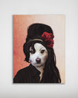Personalized "Amy Doghouse" poster featuring a white dog's face on a figure with black hair, red roses, and a black shirt.