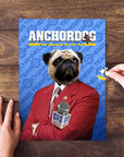 Personalized Anchordog puzzle featuring a pug in a red suit, holding a microphone.