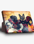 Personalized standing canvas featuring two dogs in football jerseys, a Mastiff and a German Shepherd, against a fiery backdrop.