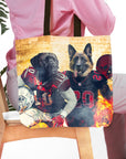 Personalized 'Arizona Doggos' tote bag with two custom pet portraits of dogs in football uniforms.