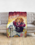 Personalized pet blanket with a Doggovinci portrait of a dog in a football uniform.