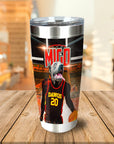Personalized stainless steel tumbler with a dog in a basketball uniform, "DAWGS 20" on a court background.