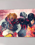 Personalized canvas of two dogs in Atlanta Falcons football uniforms with a fiery background.